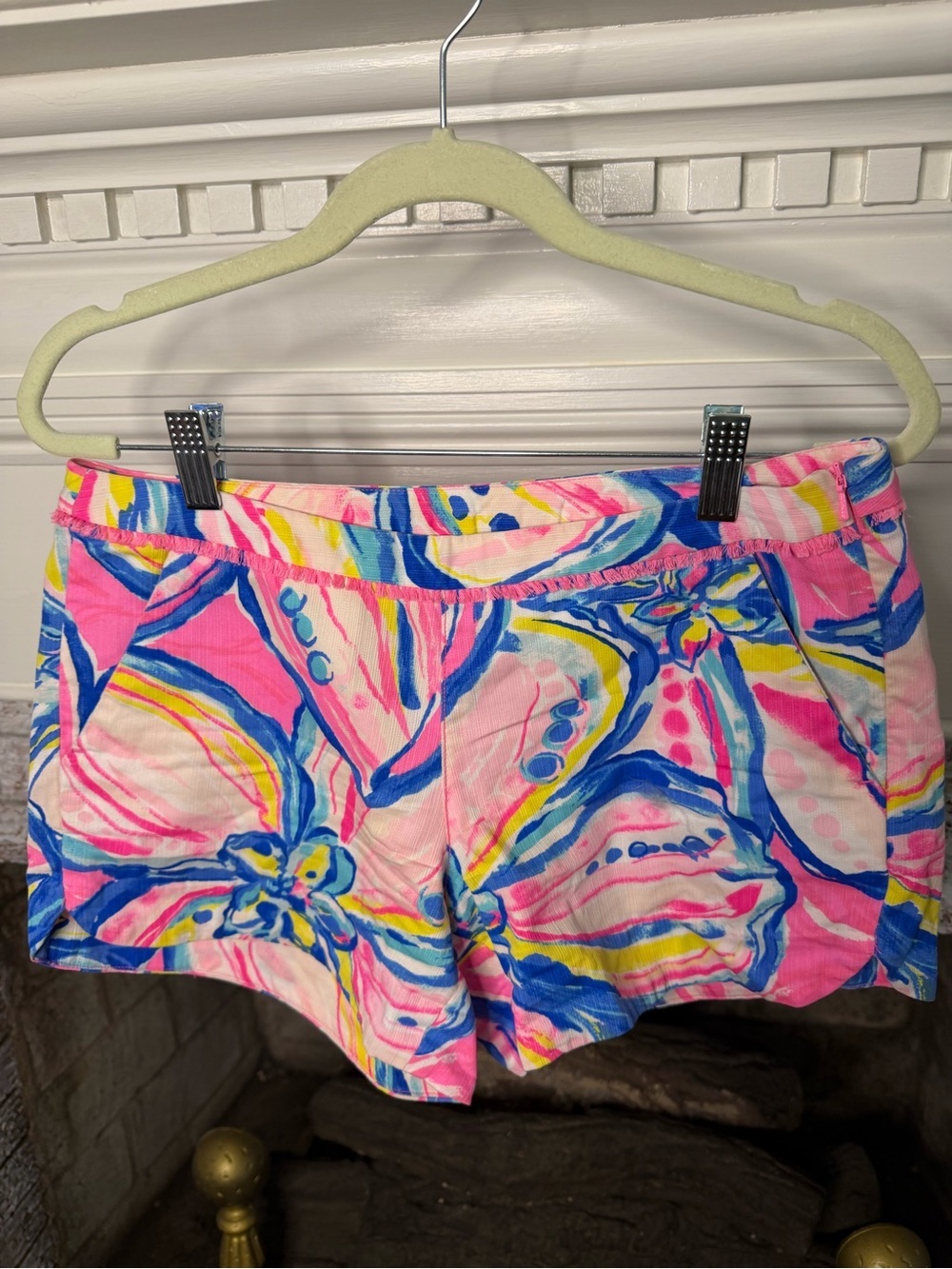 Lilly Pulitzer Pink Floral High-Rise Cotton Shorts with Blue & Yellow Accents